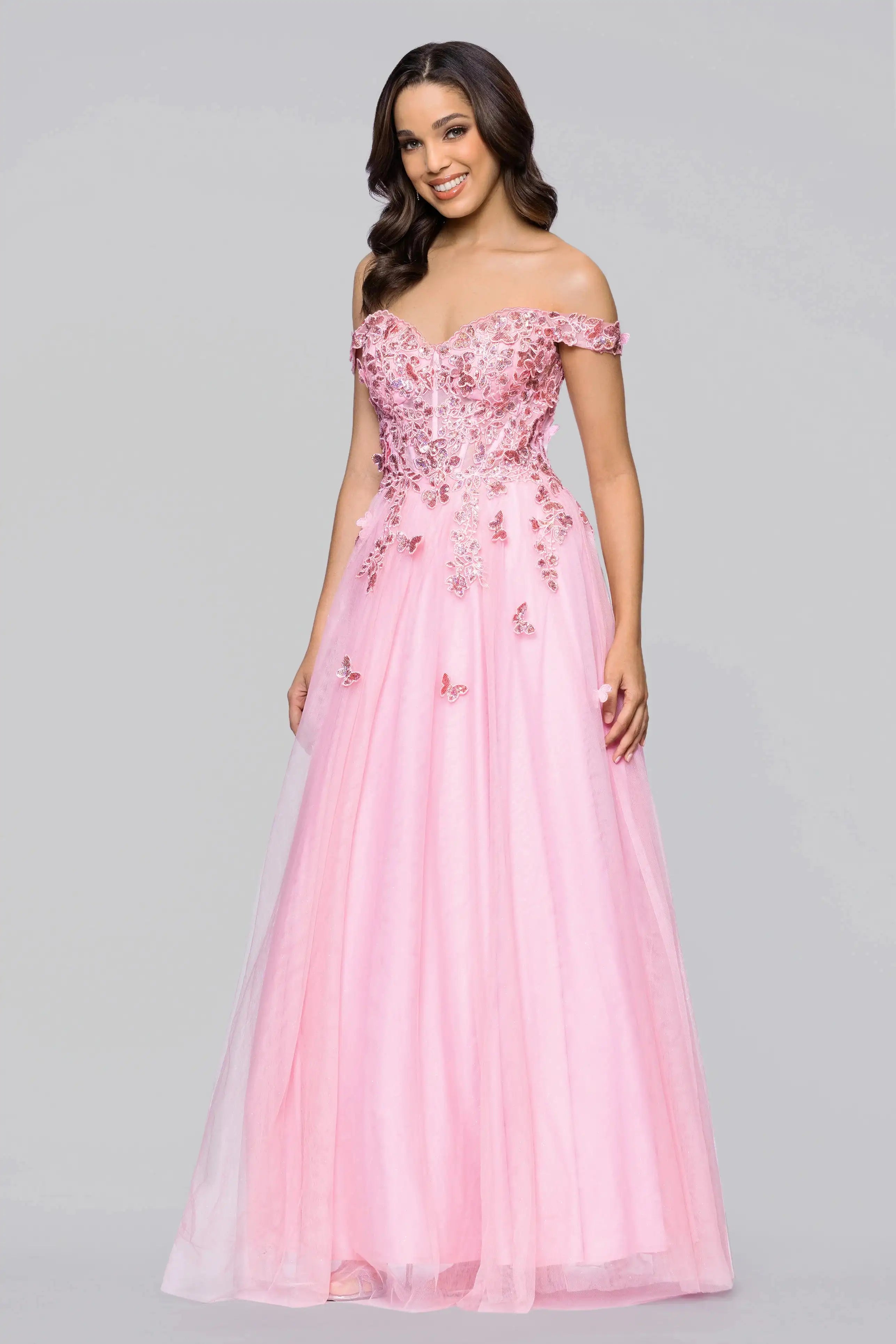 Elegant A-Line Off-Shoulder Butterfly Applique Pink Floor-Length Prom Dress for Women