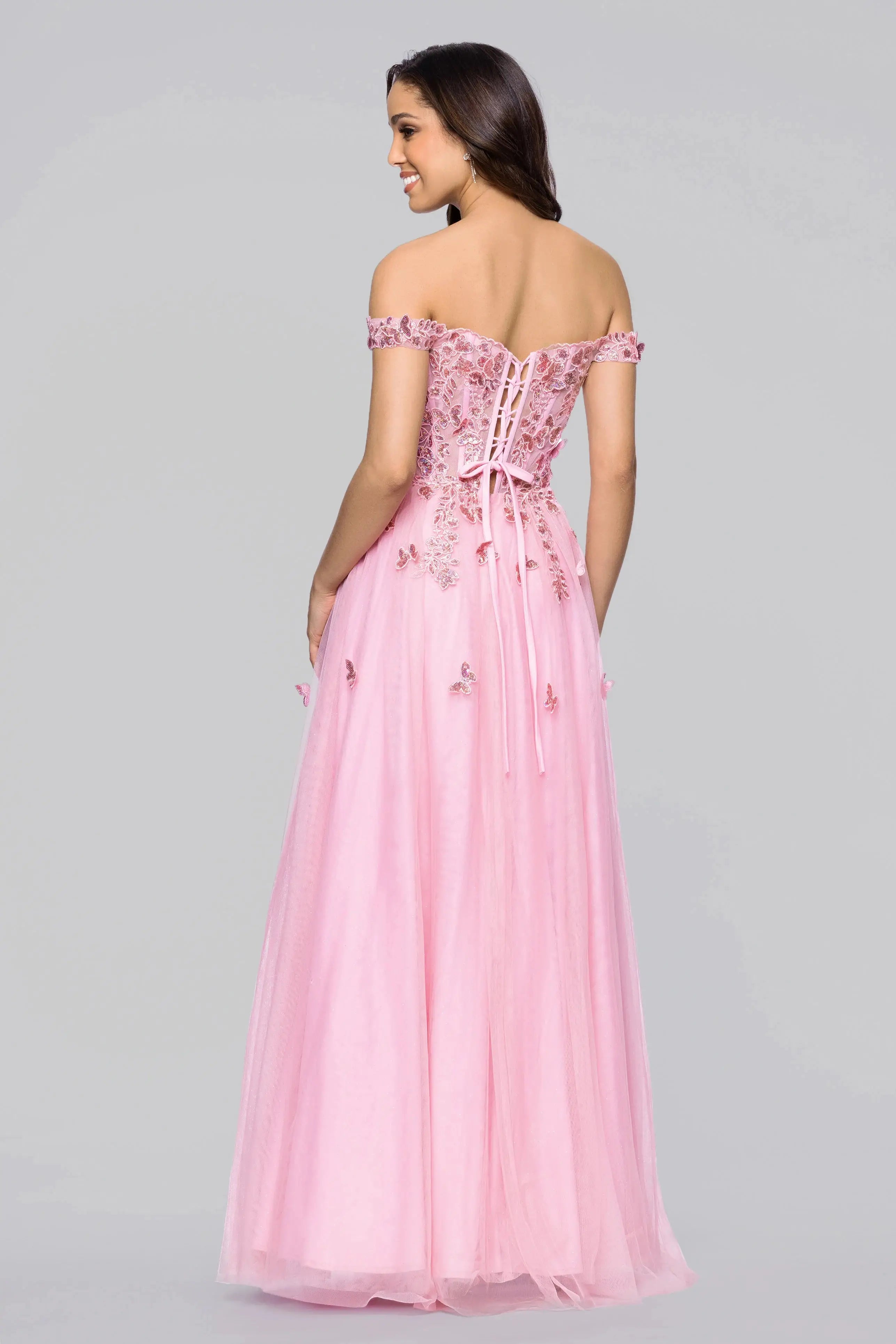 Elegant A-Line Off-Shoulder Butterfly Applique Pink Floor-Length Prom Dress for Women