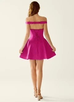Elegant A-Line Off-Shoulder Corset Back Hot Pink Short Homecoming Dress Women's