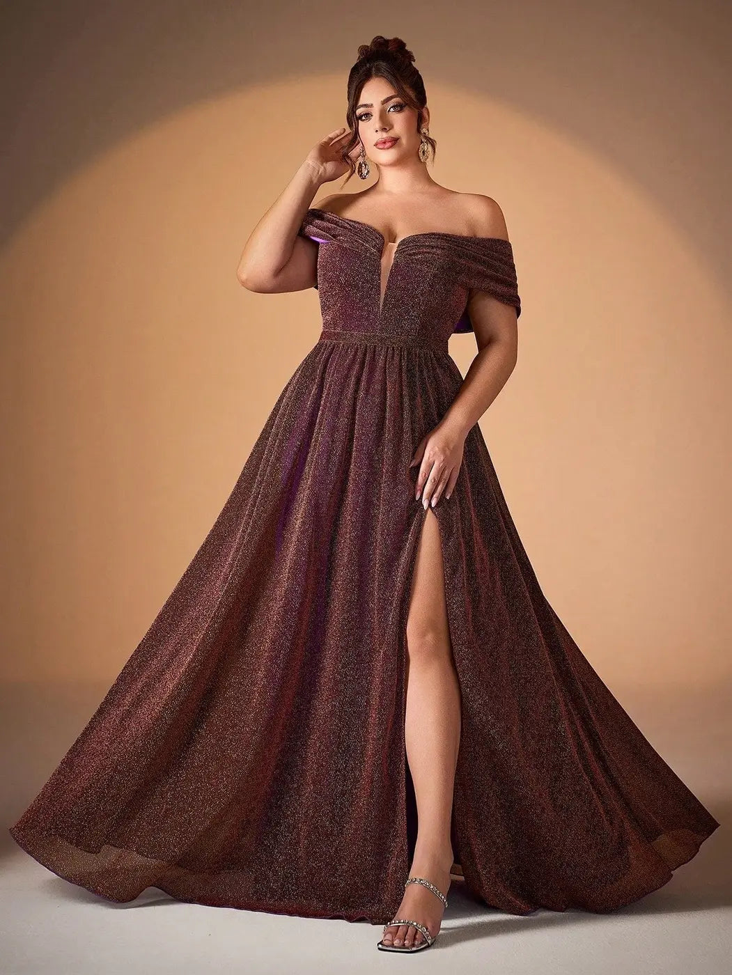 Elegant A-Line Off-Shoulder Deep V-Neck Glittering High-Slit Plum Floor-Length Prom Dress