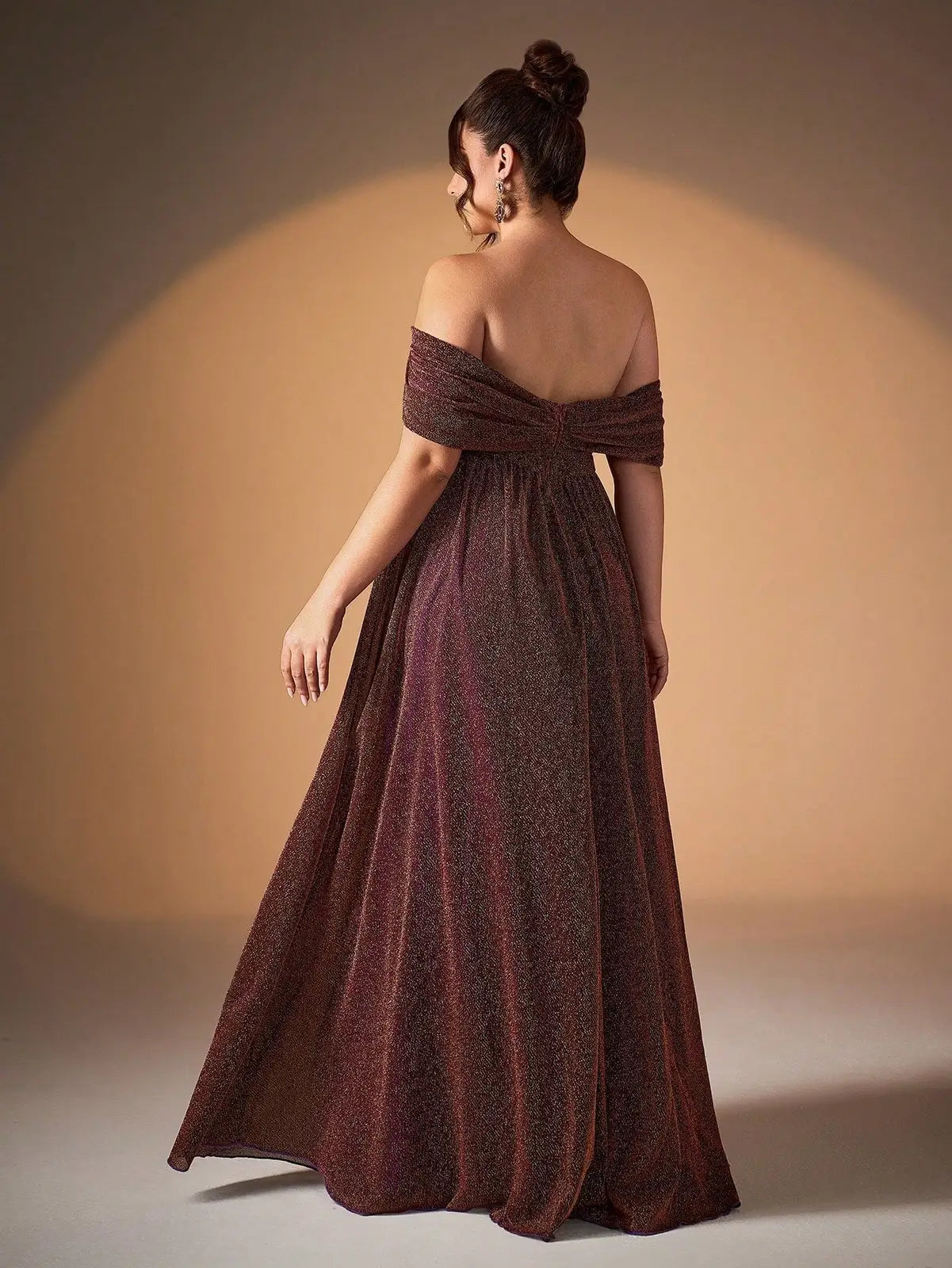 Elegant A-Line Off-Shoulder Deep V-Neck Glittering High-Slit Plum Floor-Length Prom Dress