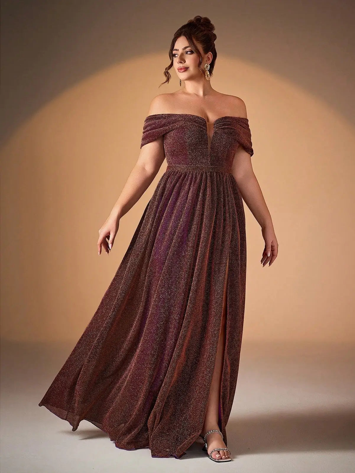 Elegant A-Line Off-Shoulder Deep V-Neck Glittering High-Slit Plum Floor-Length Prom Dress