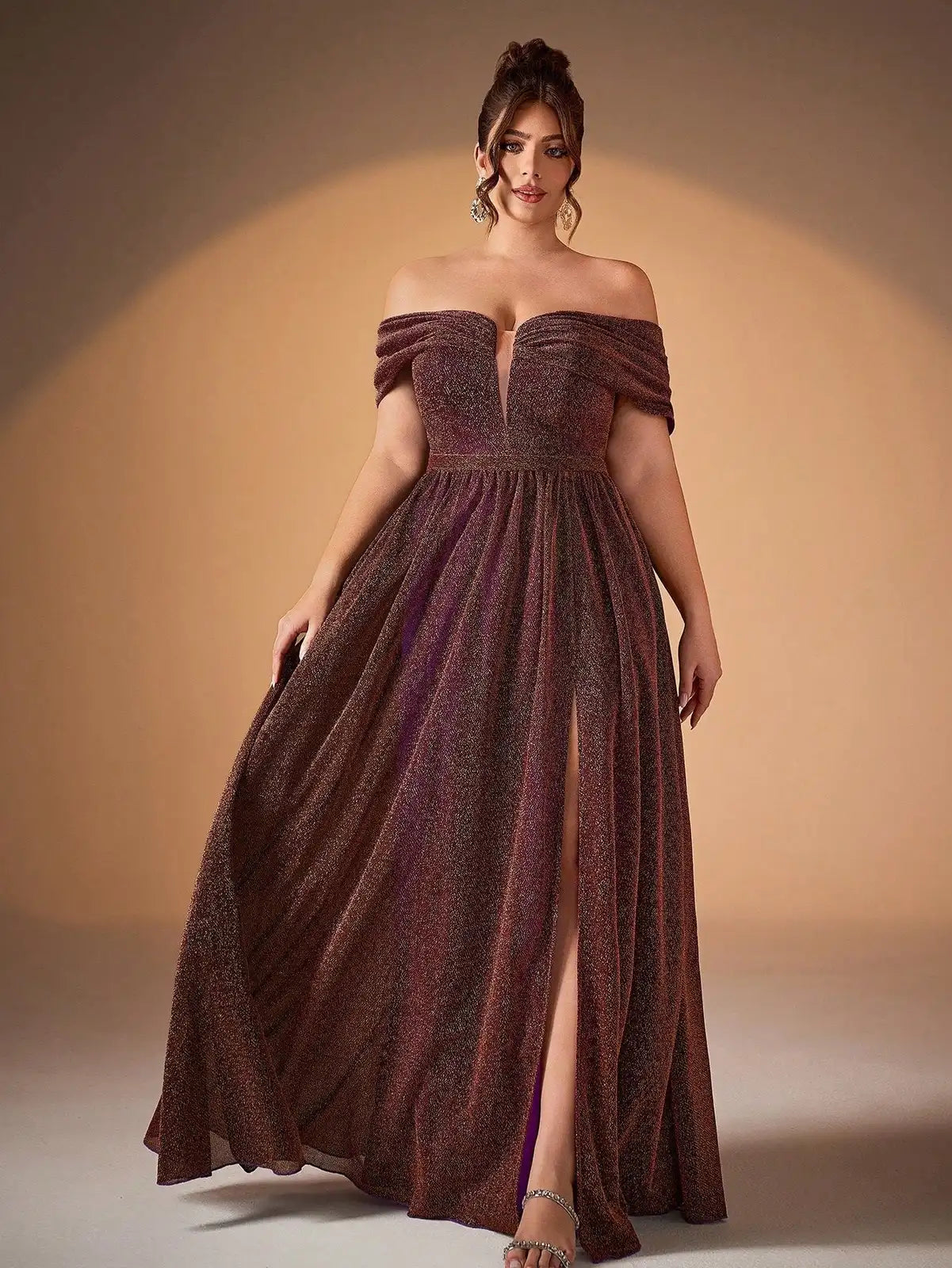 Elegant A-Line Off-Shoulder Deep V-Neck Glittering High-Slit Plum Floor-Length Prom Dress