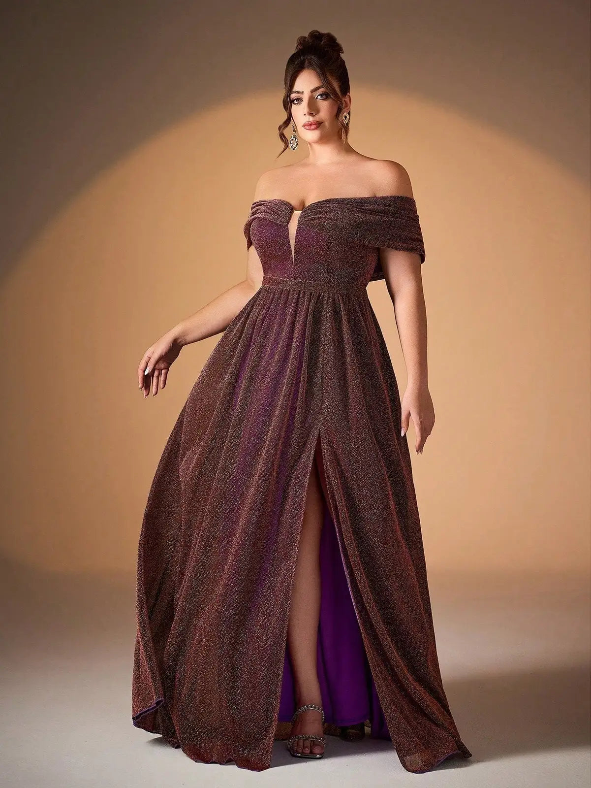 Elegant A-Line Off-Shoulder Deep V-Neck Glittering High-Slit Plum Floor-Length Prom Dress