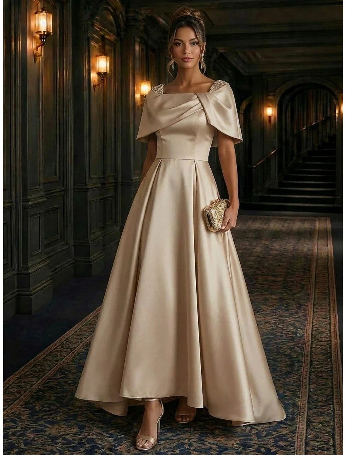 Elegant A-Line Off-Shoulder Draped Pearl Embellished Champagne Floor-Length Evening Dresses For Women