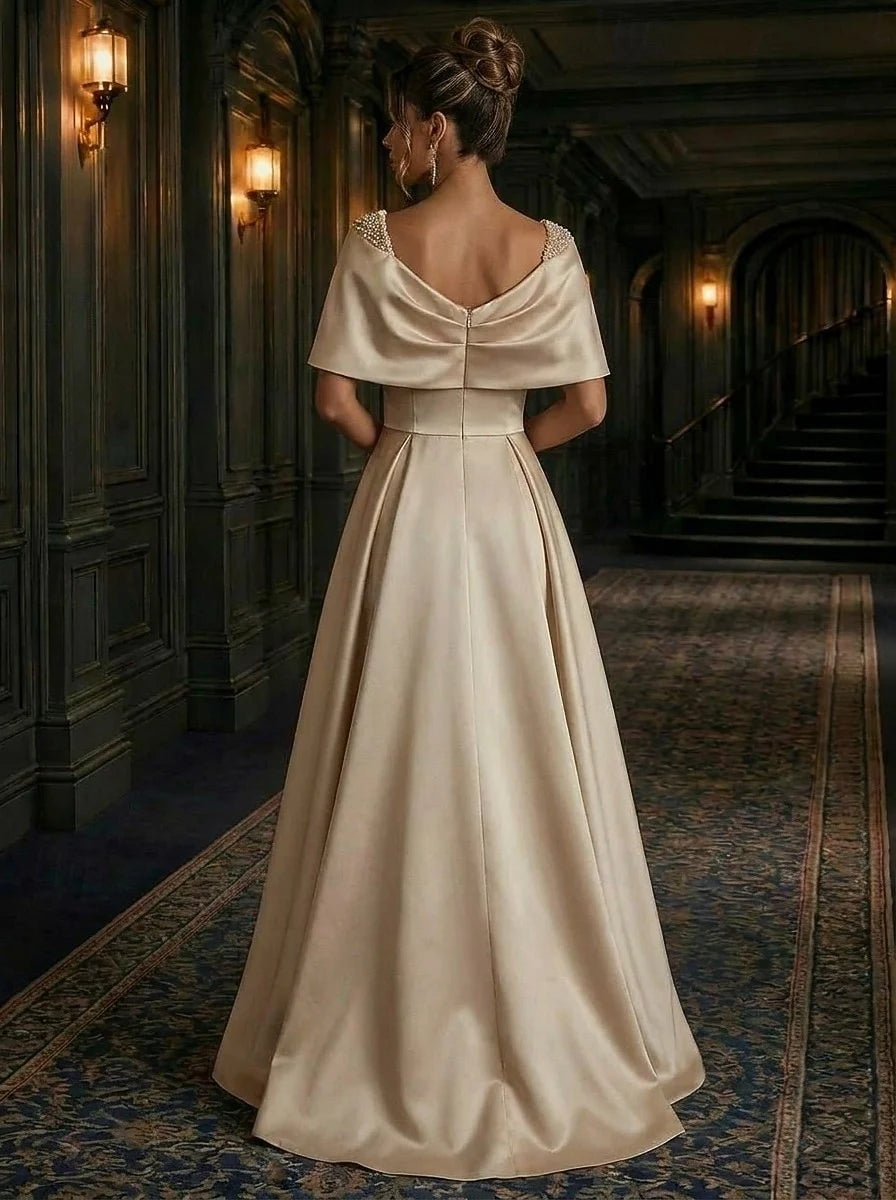 Elegant A-Line Off-Shoulder Draped Pearl Embellished Champagne Floor-Length Evening Dresses For Women