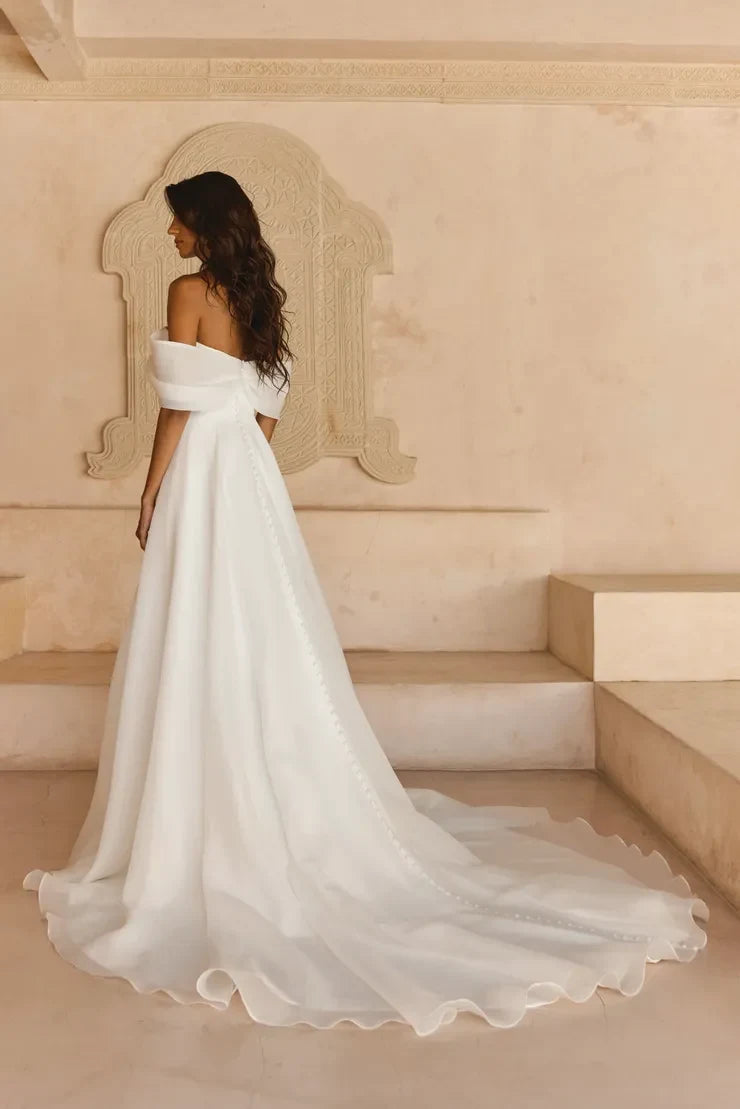 Elegant A-Line Off-Shoulder Draped Romantic White Floor-Length Wedding Dresses For Brides