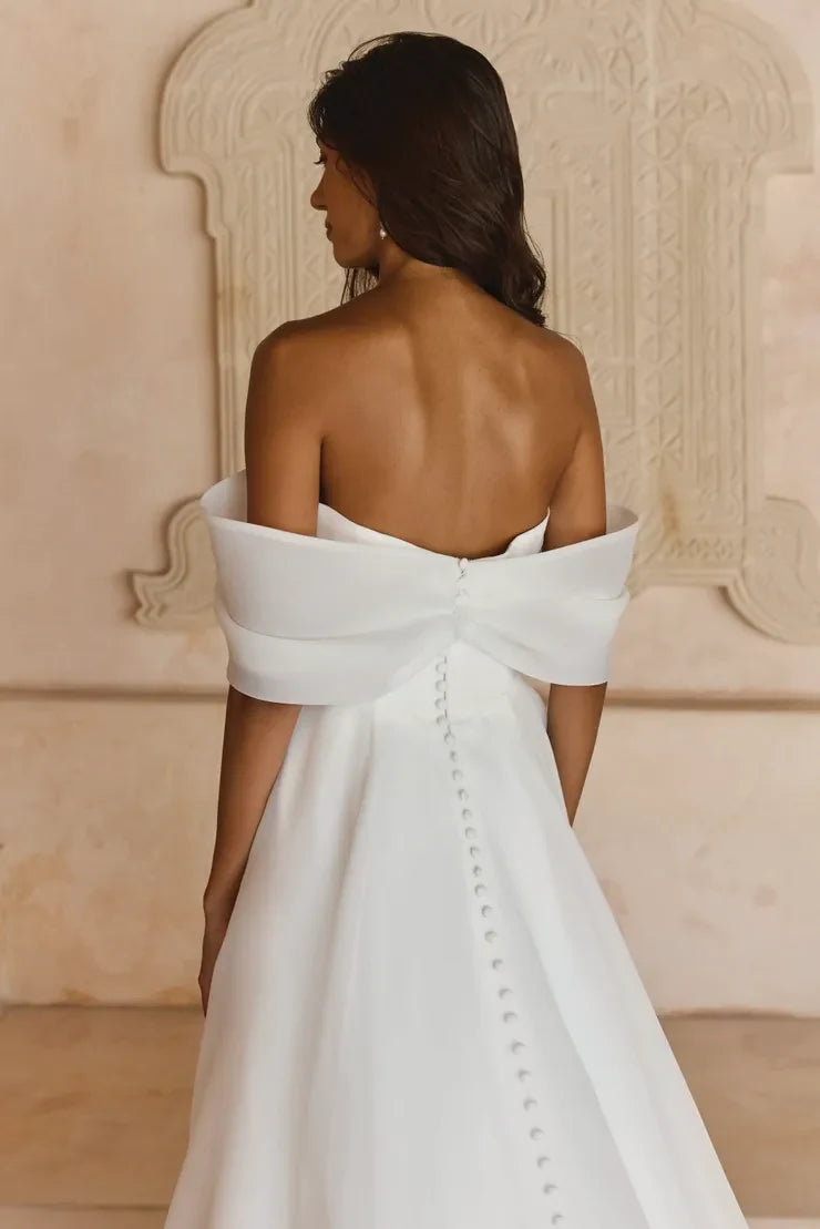 Elegant A-Line Off-Shoulder Draped Romantic White Floor-Length Wedding Dresses For Brides