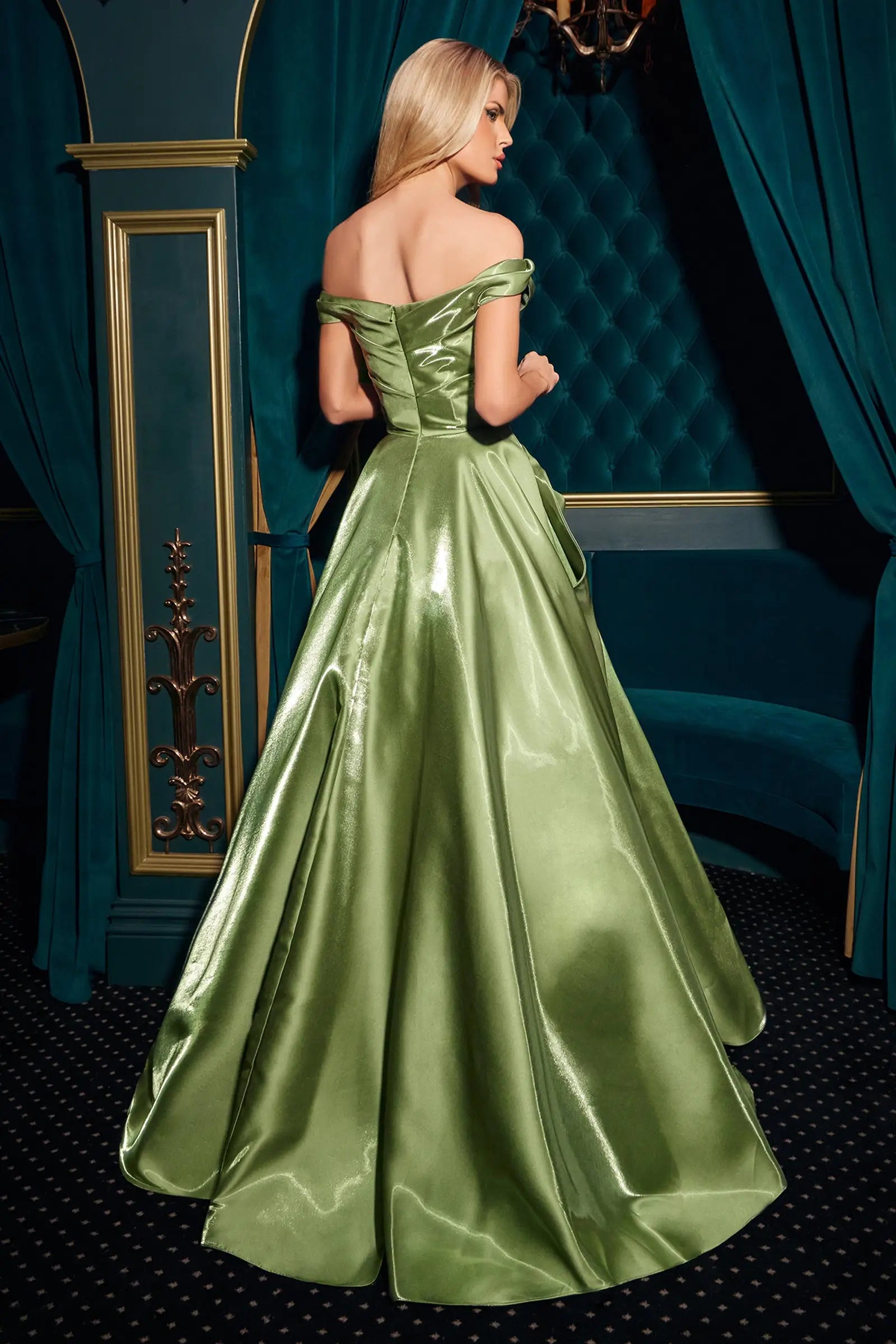 Elegant A-Line Off-Shoulder Draped Ruffle Olive Green Floor-Length Prom Gown