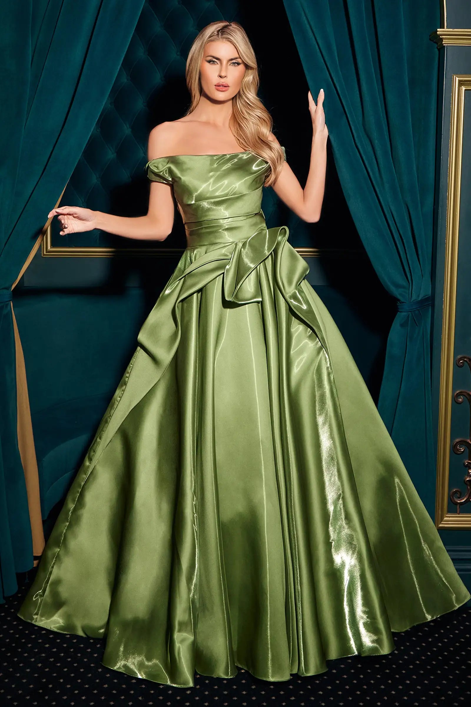 Elegant A-Line Off-Shoulder Draped Ruffle Olive Green Floor-Length Prom Gown
