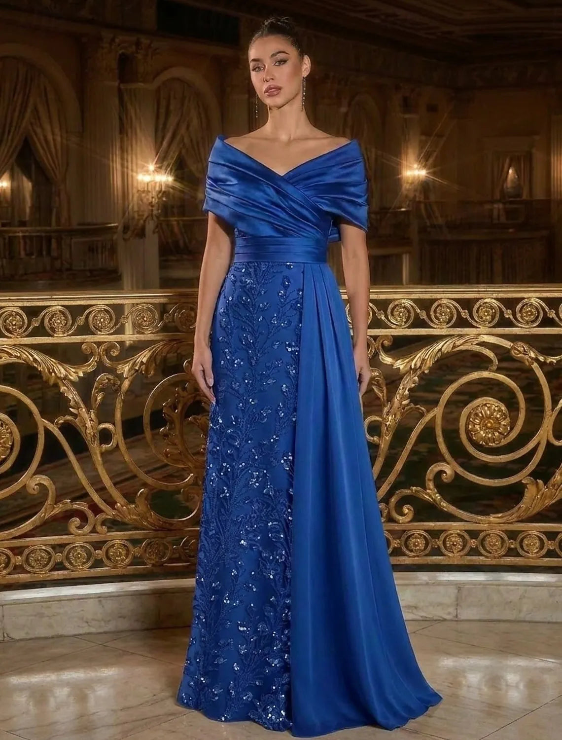 Elegant A-Line Off-Shoulder Draped Sequin Royal Blue Floor-Length Evening Dress Gown