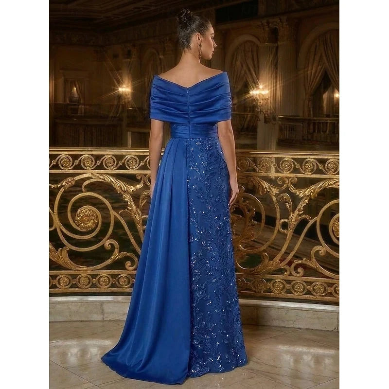 Elegant A-Line Off-Shoulder Draped Sequin Royal Blue Floor-Length Evening Dress Gown