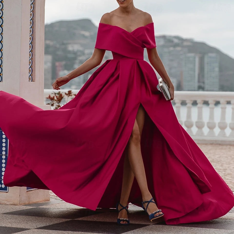 Elegant A-Line Off-Shoulder Draped Slit Fuchsia Floor-Length Women's Evening Gown
