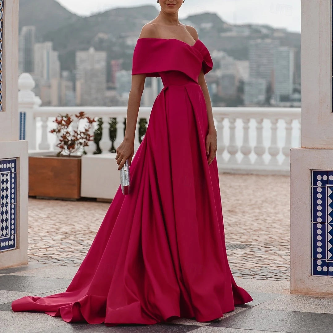Elegant A-Line Off-Shoulder Draped Slit Fuchsia Floor-Length Women's Evening Gown