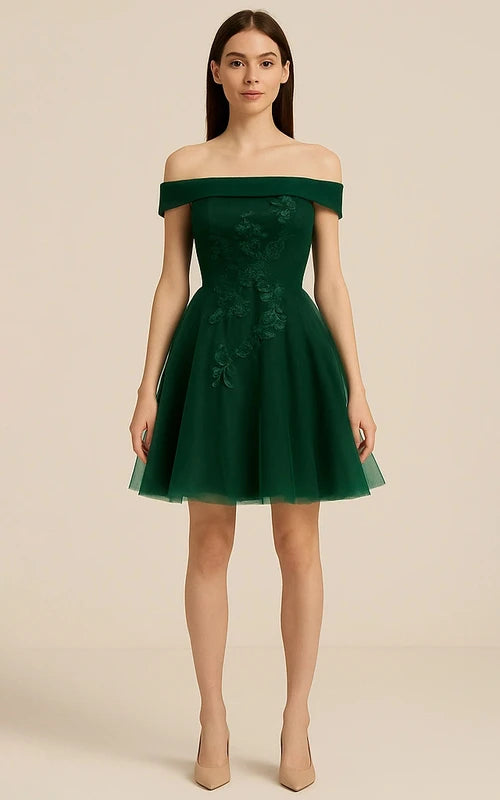 Elegant A-Line Off-Shoulder Embroidered Lace-Up Forest Green Short Homecoming Dresses Gown
