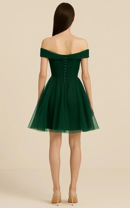 Elegant A-Line Off-Shoulder Embroidered Lace-Up Forest Green Short Homecoming Dresses Gown