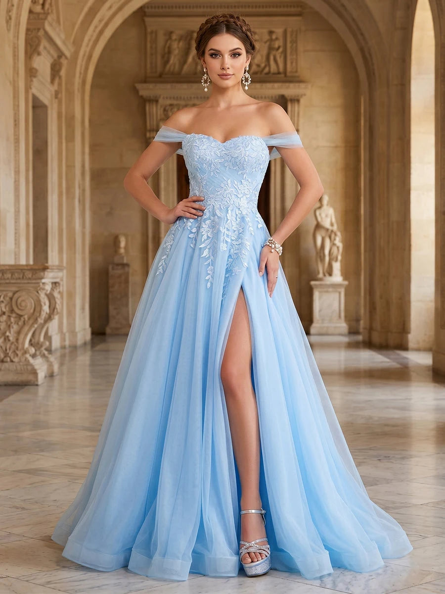 Elegant A-Line Off-Shoulder Embroidered Slit Light Blue Floor-Length Prom Dresses Women's Gown