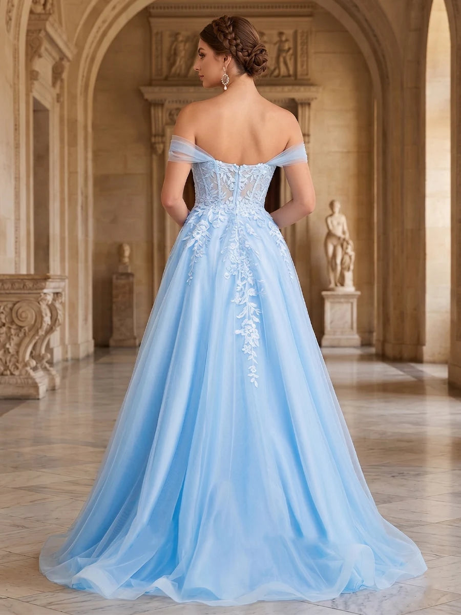 Elegant A-Line Off-Shoulder Embroidered Slit Light Blue Floor-Length Prom Dresses Women's Gown