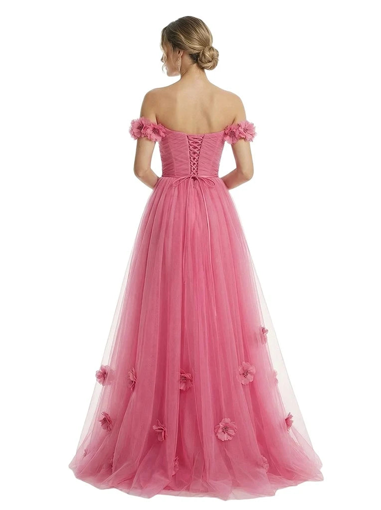 Elegant A-Line Off-Shoulder Floral Applique Pink Floor-Length Prom Dresses Gown