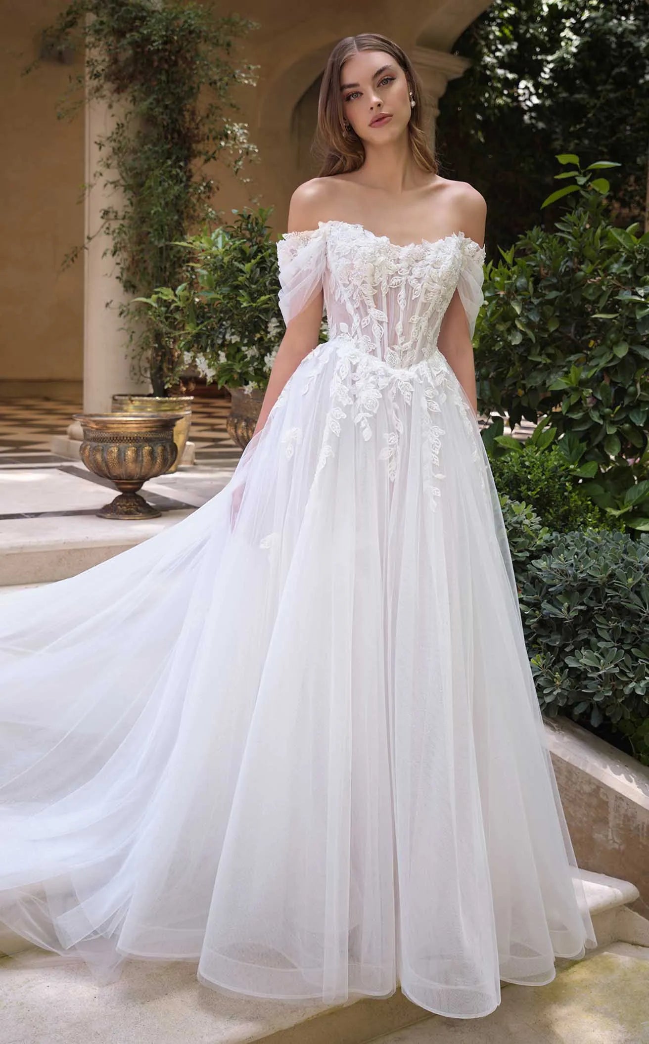 Elegant A-Line Off-Shoulder Floral Applique Shimmer White Floor-Length Prom Gown