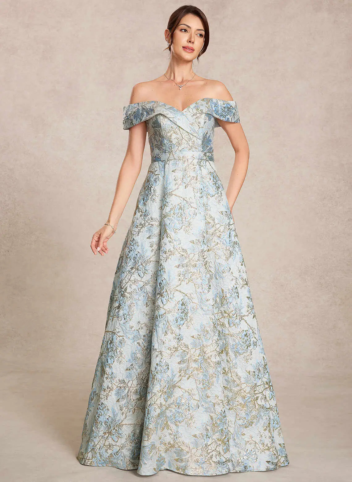 Elegant A-Line Off-Shoulder Floral Blue Long Mother Of The Bride Dress