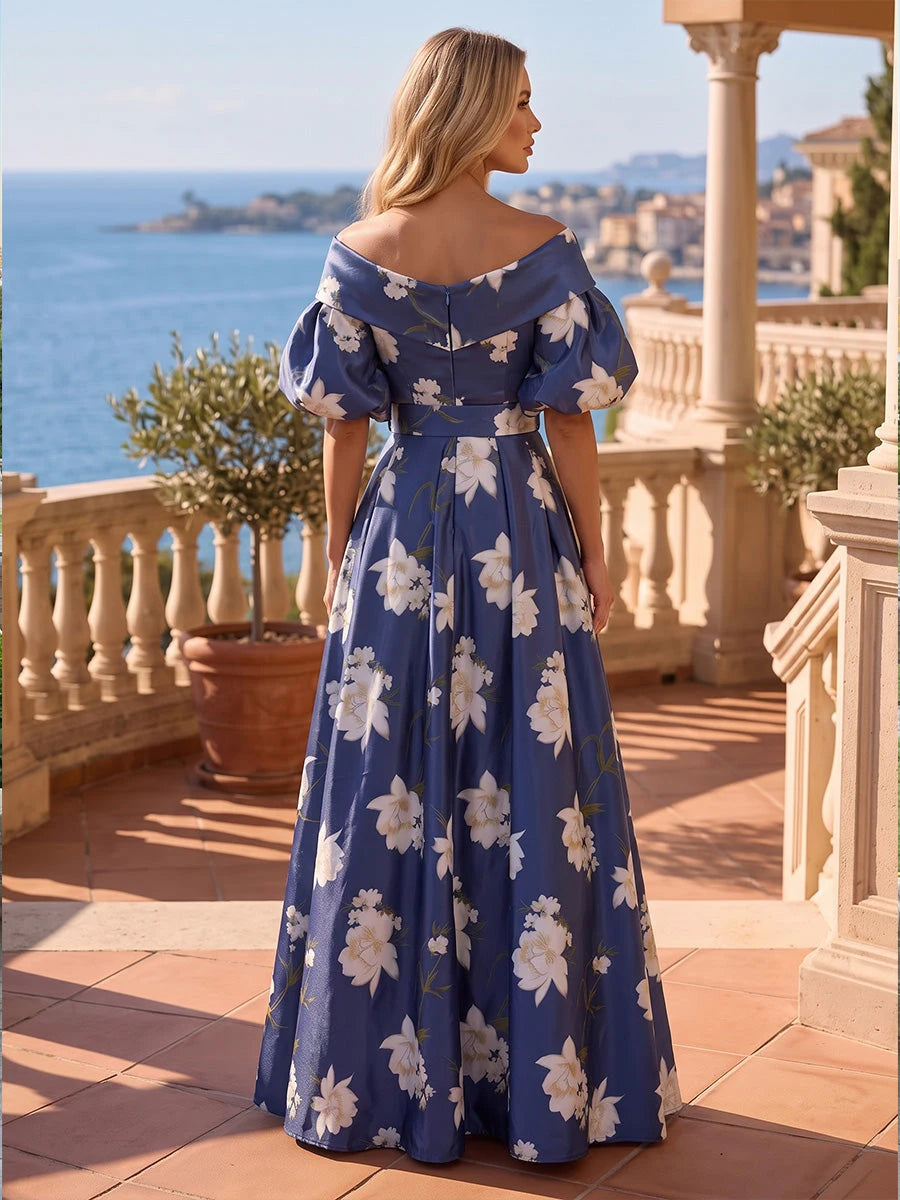 Elegant A-Line Off-Shoulder Floral Blue Maxi Mother Of The Bride Dress