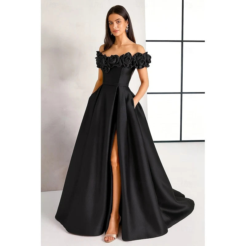Elegant A-Line Off-Shoulder Floral Slit Black Floor-Length Evening Gown