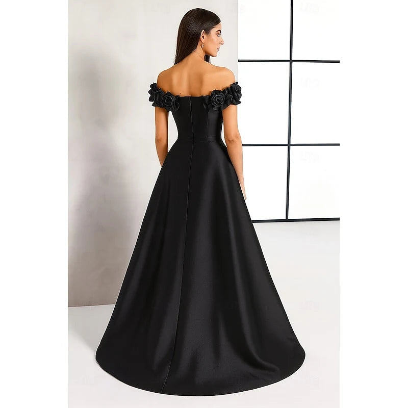 Elegant A-Line Off-Shoulder Floral Slit Black Floor-Length Evening Gown
