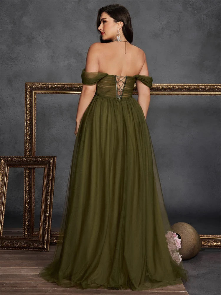 Elegant A-Line Off-Shoulder Floral Slit Olive Green Floor-Length Prom Dress