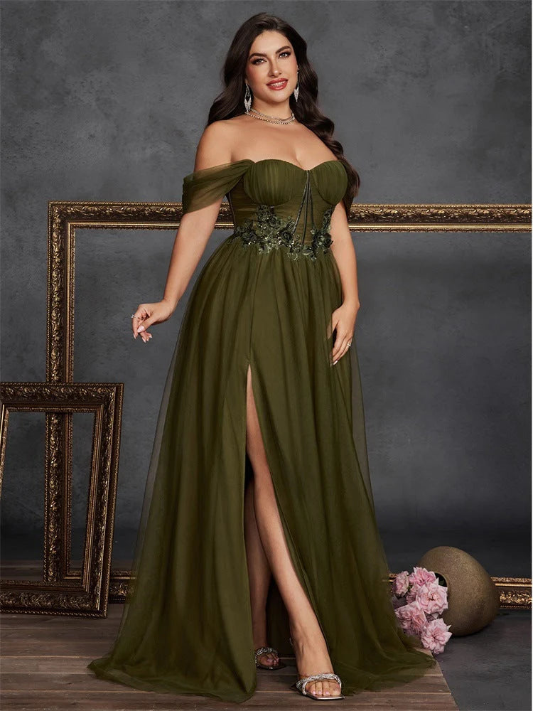 Elegant A-Line Off-Shoulder Floral Slit Olive Green Floor-Length Prom Dress