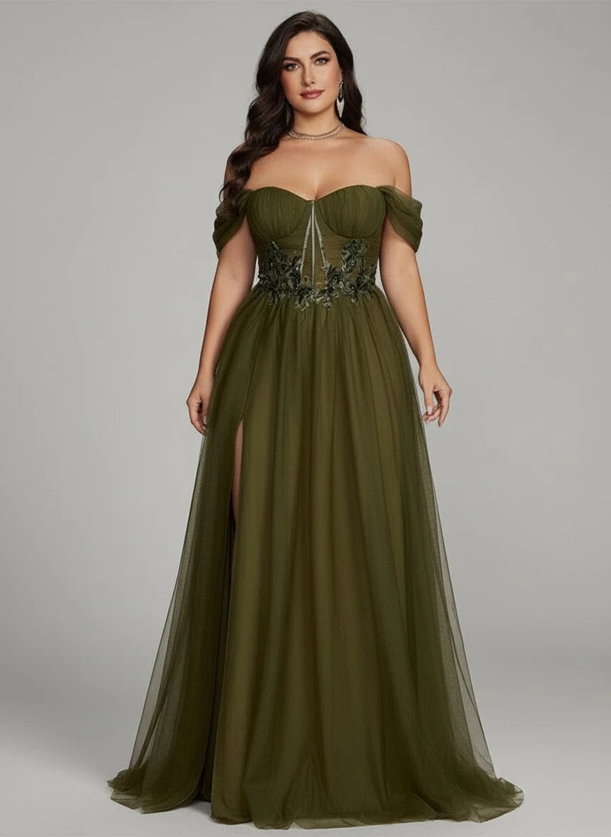 Elegant A-Line Off-Shoulder Floral Slit Olive Green Floor-Length Prom Dress