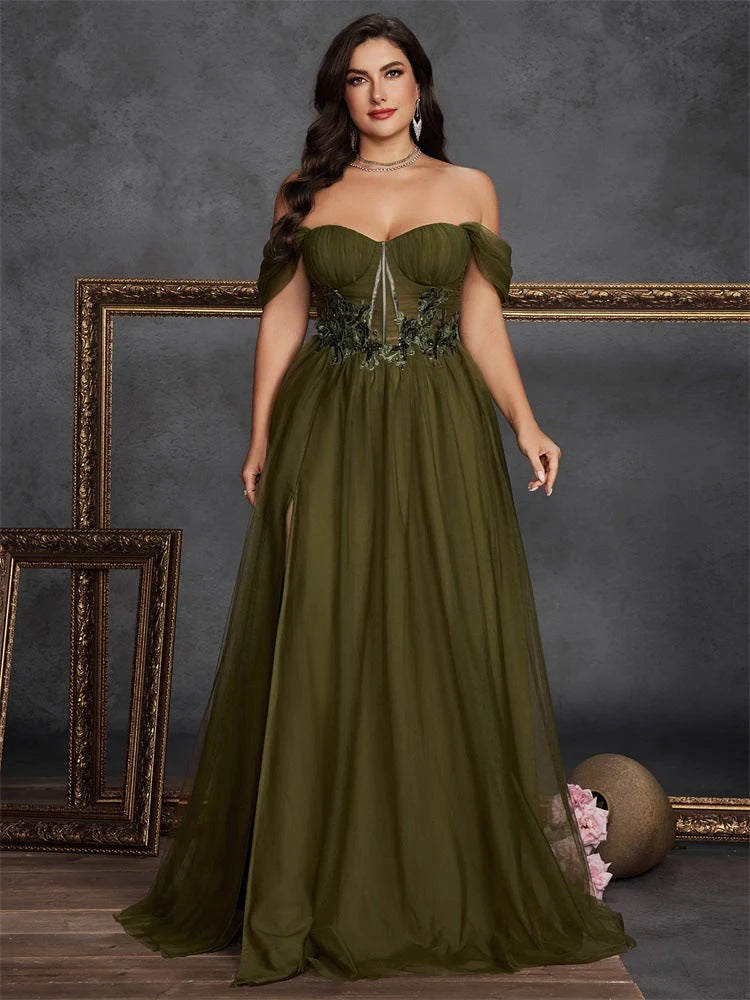 Elegant A-Line Off-Shoulder Floral Slit Olive Green Floor-Length Prom Dress