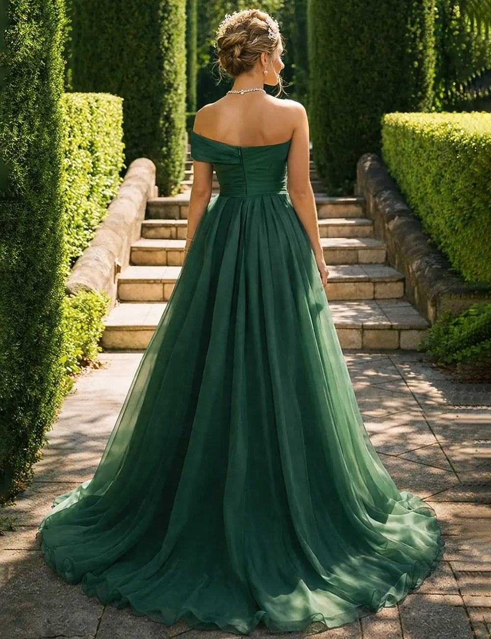 Elegant A-Line Off-Shoulder Flowy Slit Emerald Green Floor-Length Prom Dress