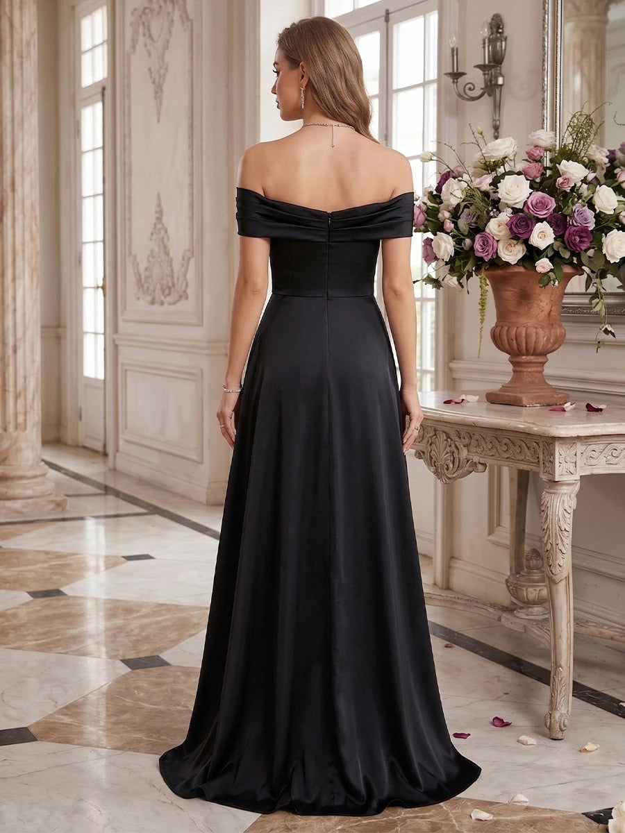Elegant A-Line Off-Shoulder Glamorous Chic Black Floor-Length Prom Dress Women's