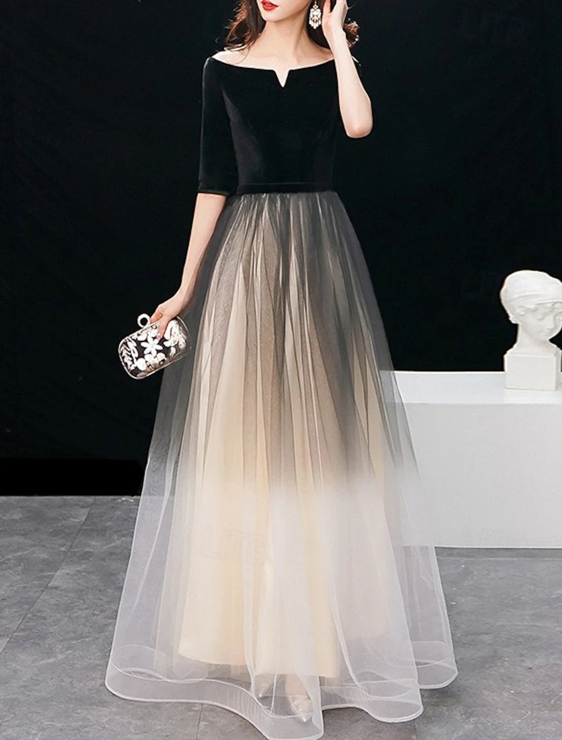 Elegant A-Line Off-Shoulder Half Sleeve Ombre Floor-Length Prom Gown