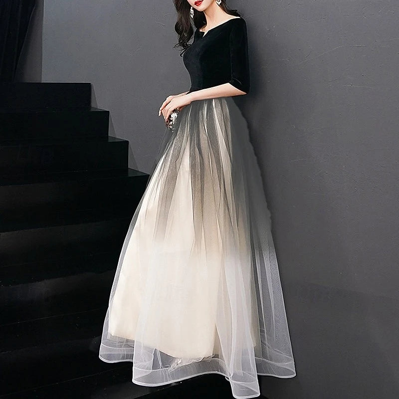 Elegant A-Line Off-Shoulder Half Sleeve Ombre Floor-Length Prom Gown