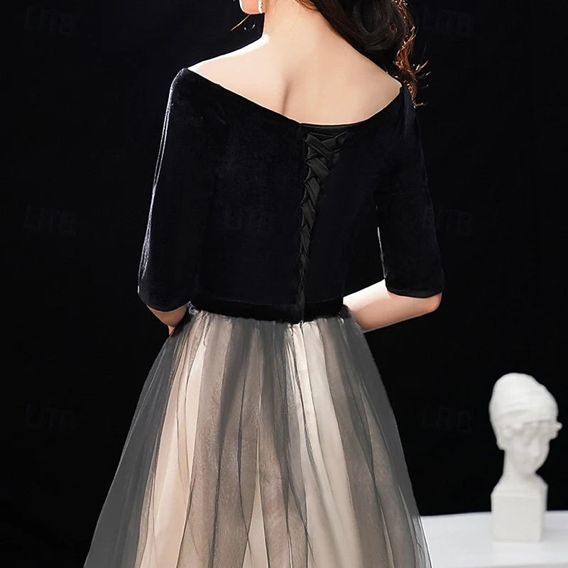 Elegant A-Line Off-Shoulder Half Sleeve Ombre Floor-Length Prom Gown