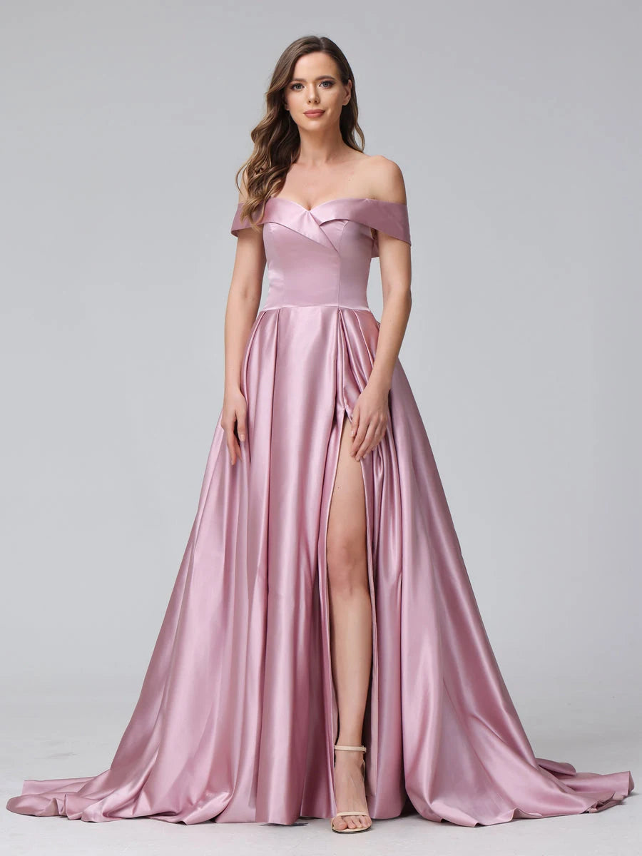 Elegant A-Line Off-Shoulder High Slit Dusty Pink Floor-Length Prom Dresses Women's Gown