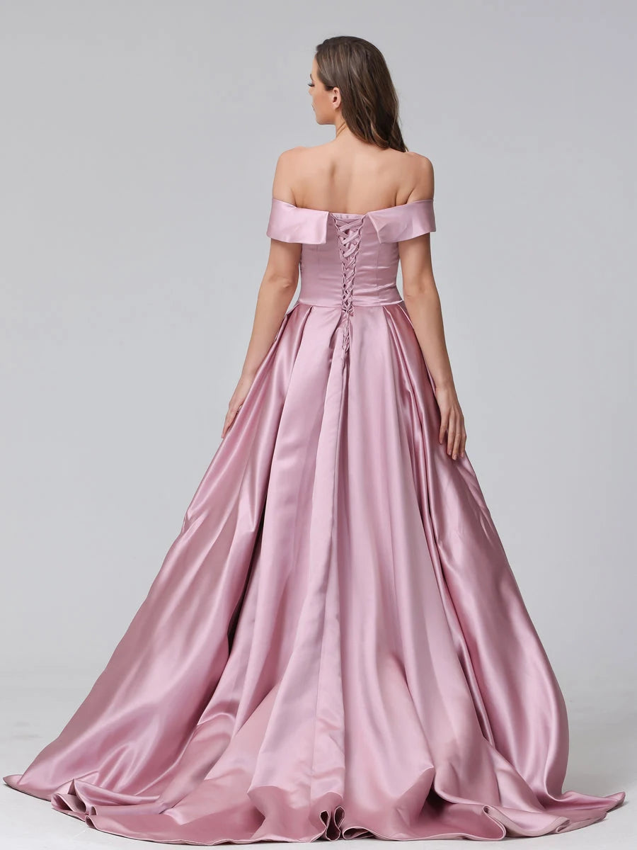 Elegant A-Line Off-Shoulder High Slit Dusty Pink Floor-Length Prom Dresses Women's Gown