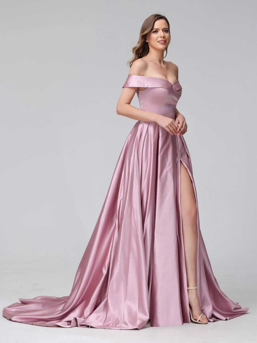 Elegant A-Line Off-Shoulder High Slit Dusty Pink Floor-Length Prom Dresses Women's Gown
