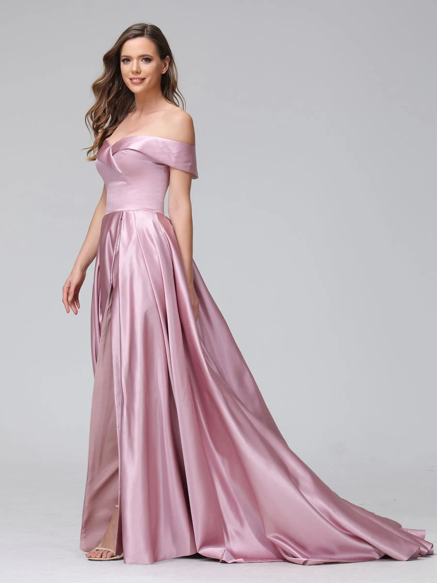 Elegant A-Line Off-Shoulder High Slit Dusty Pink Floor-Length Prom Dresses Women's Gown