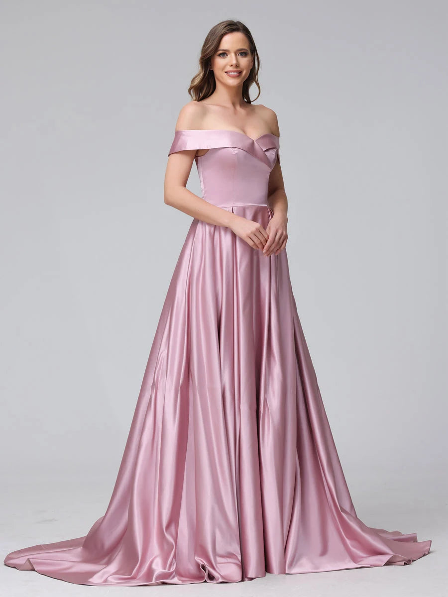 Elegant A-Line Off-Shoulder High Slit Dusty Pink Floor-Length Prom Dresses Women's Gown