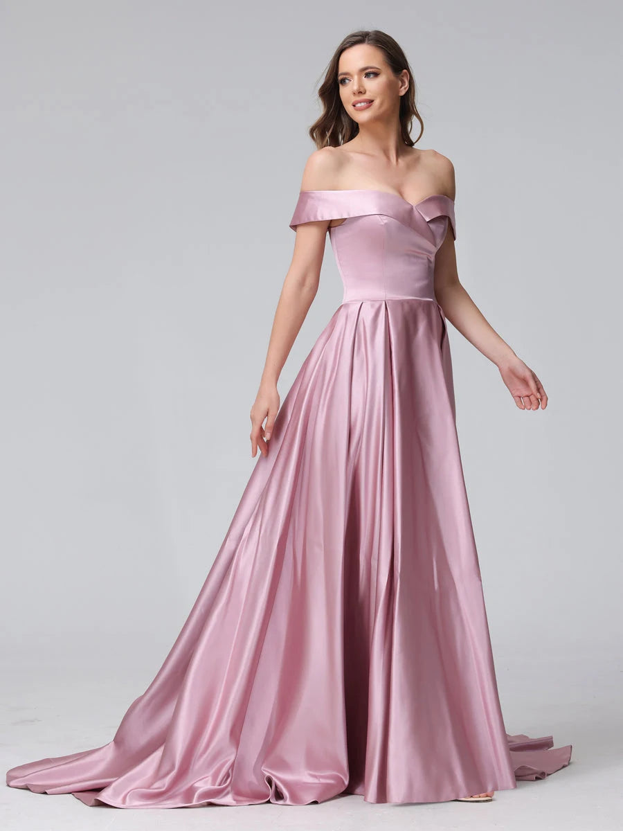 Elegant A-Line Off-Shoulder High Slit Dusty Pink Floor-Length Prom Dresses Women's Gown