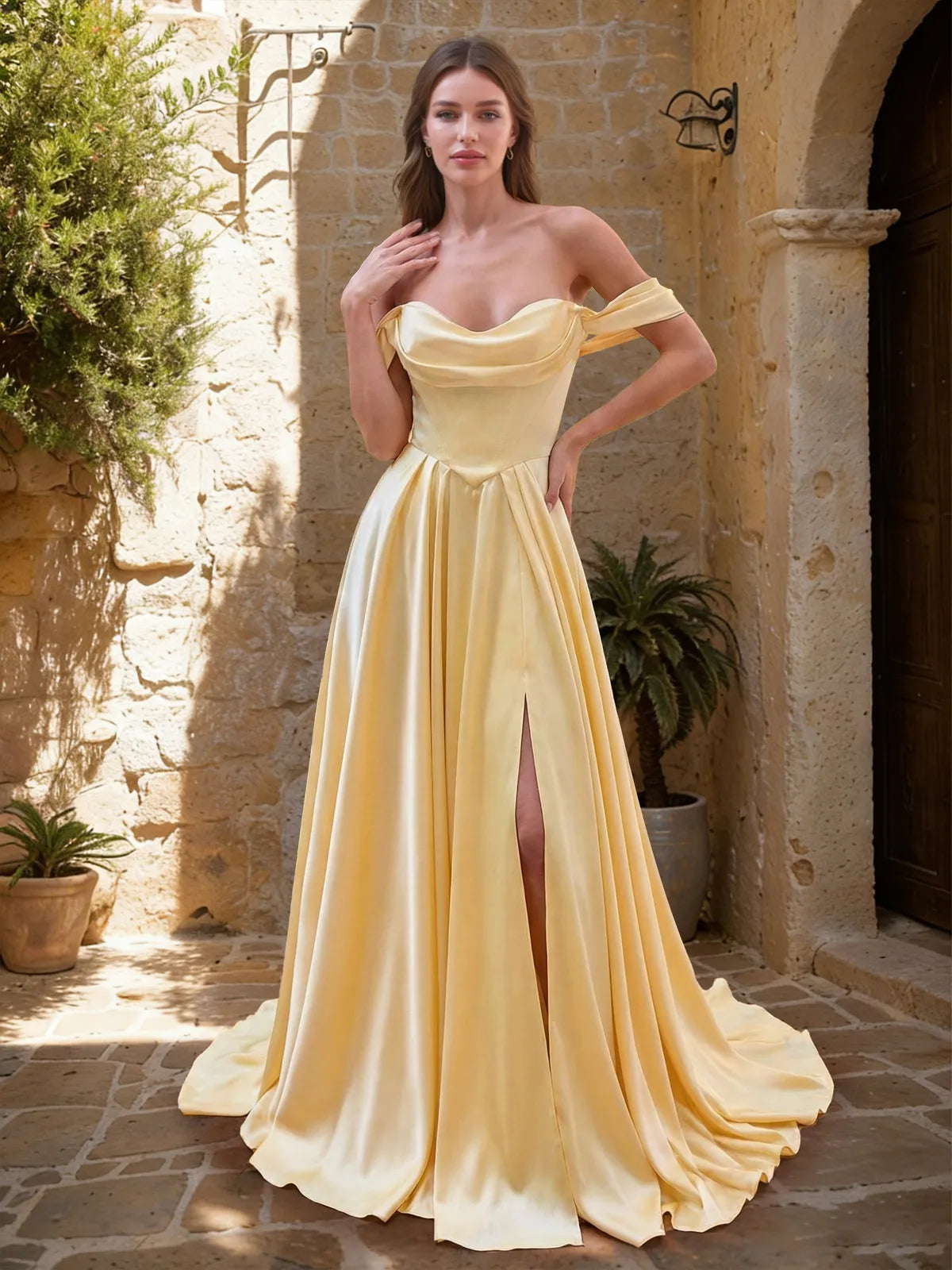 Elegant A-Line Off-Shoulder High Slit Light Yellow Floor-Length Prom Gown