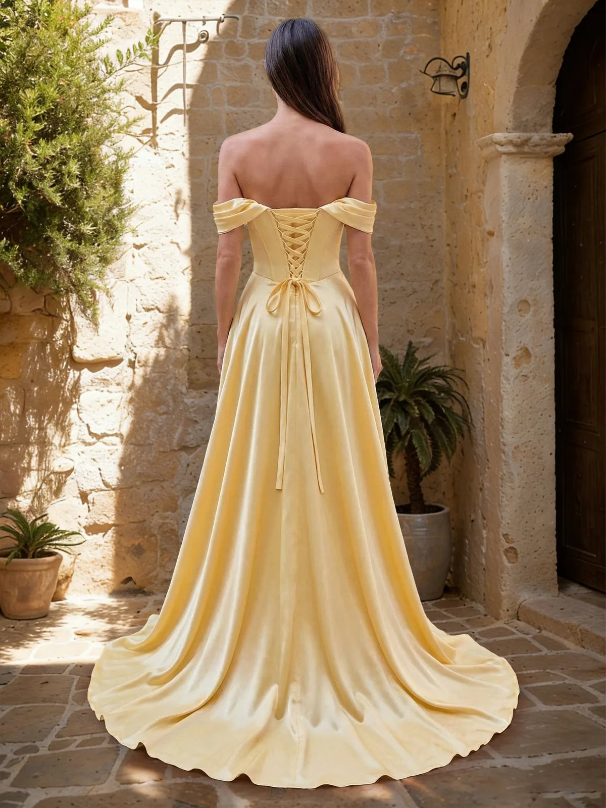 Elegant A-Line Off-Shoulder High Slit Light Yellow Floor-Length Prom Gown