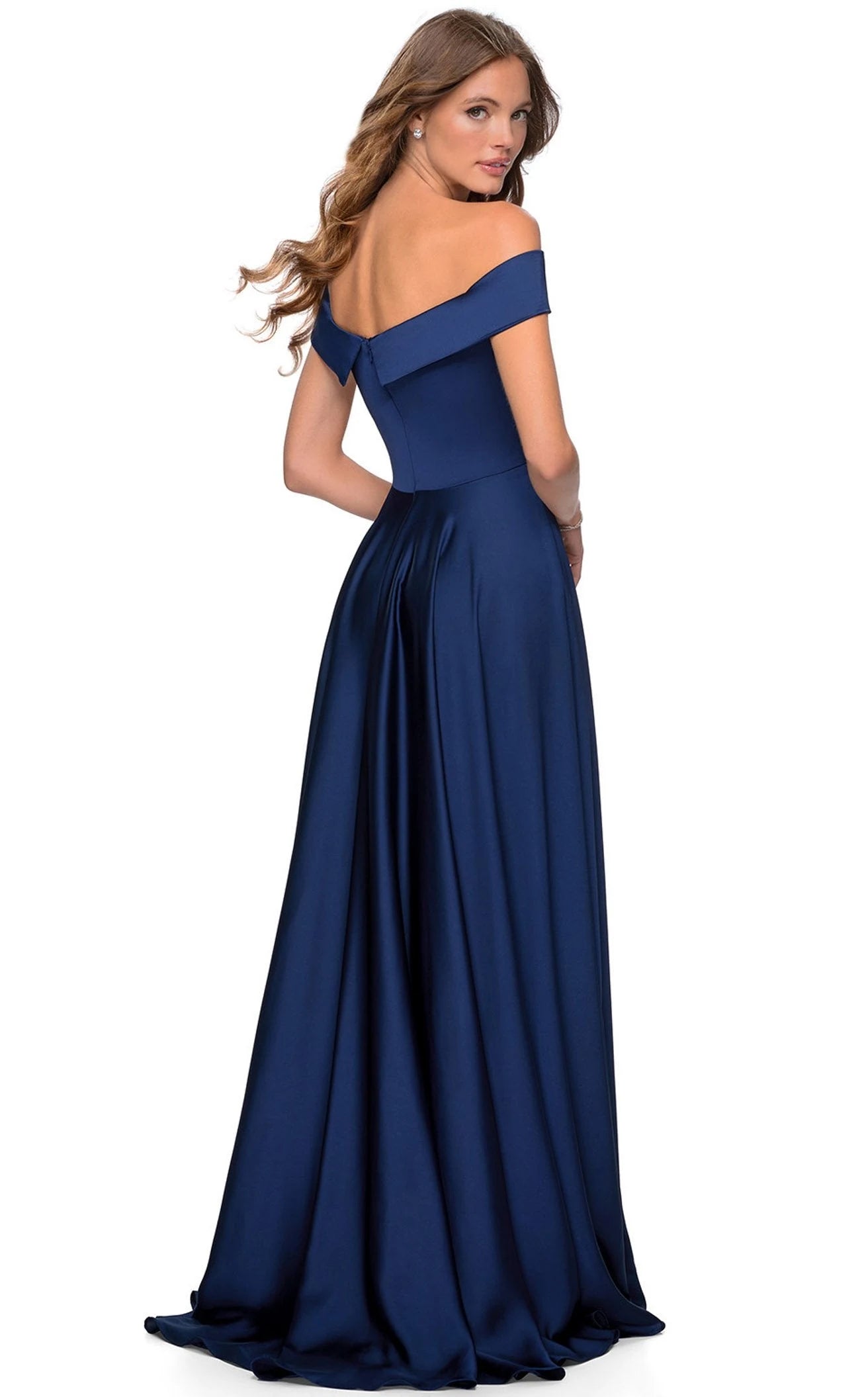 Elegant A-Line Off-Shoulder High Slit Navy Blue Floor-Length Prom Dress Women's Gown