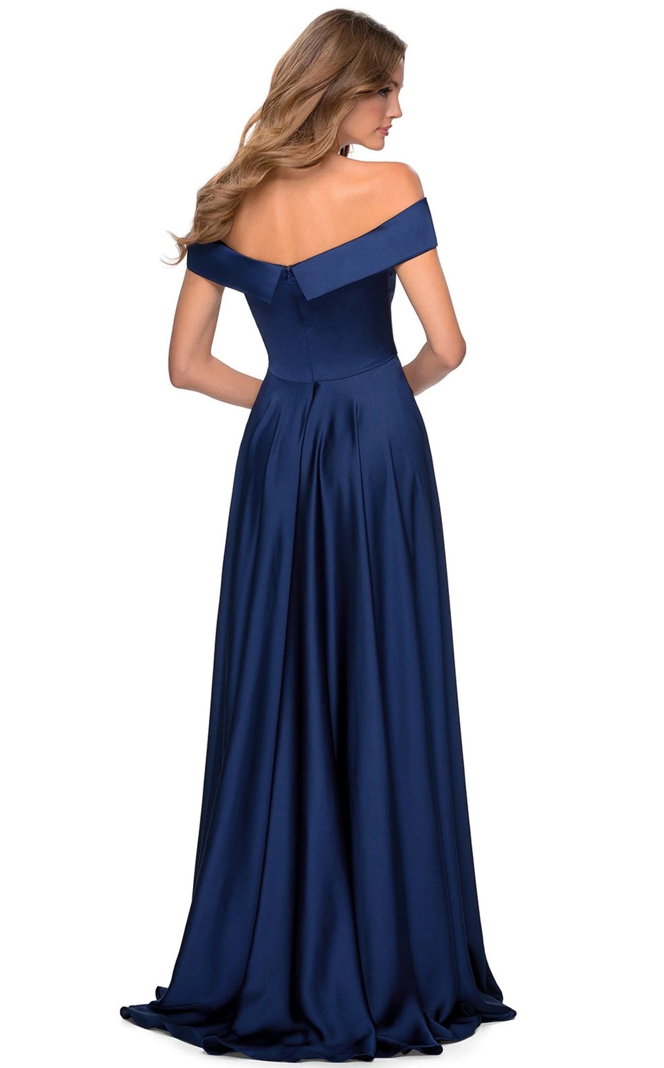 Elegant A-Line Off-Shoulder High Slit Navy Blue Floor-Length Prom Dress Women's Gown