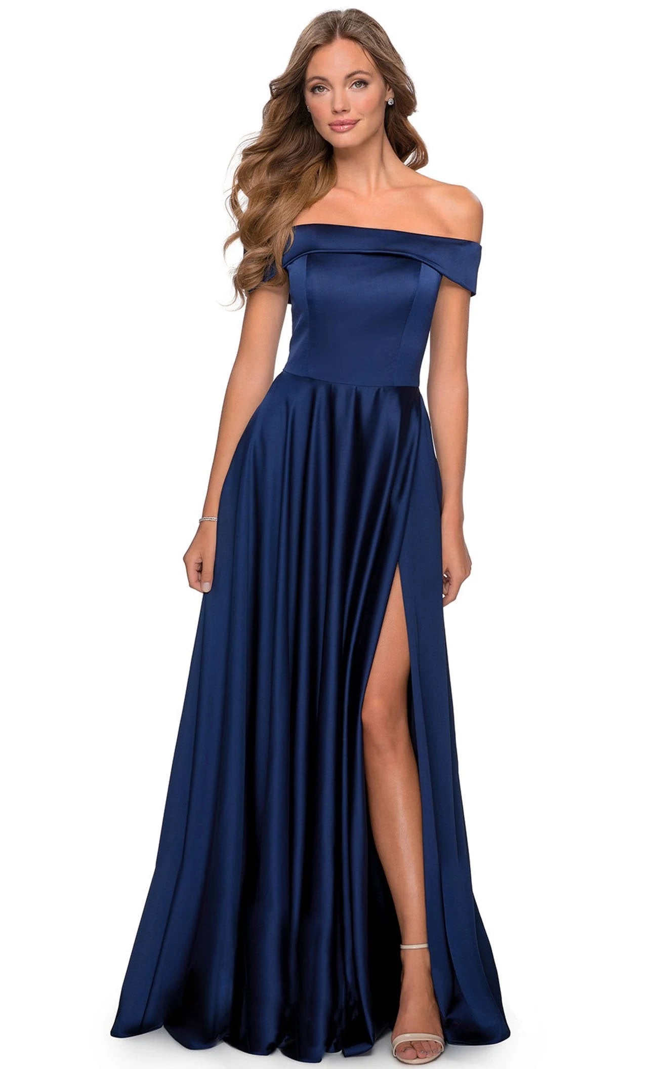 Elegant A-Line Off-Shoulder High Slit Navy Blue Floor-Length Prom Dress Women's Gown