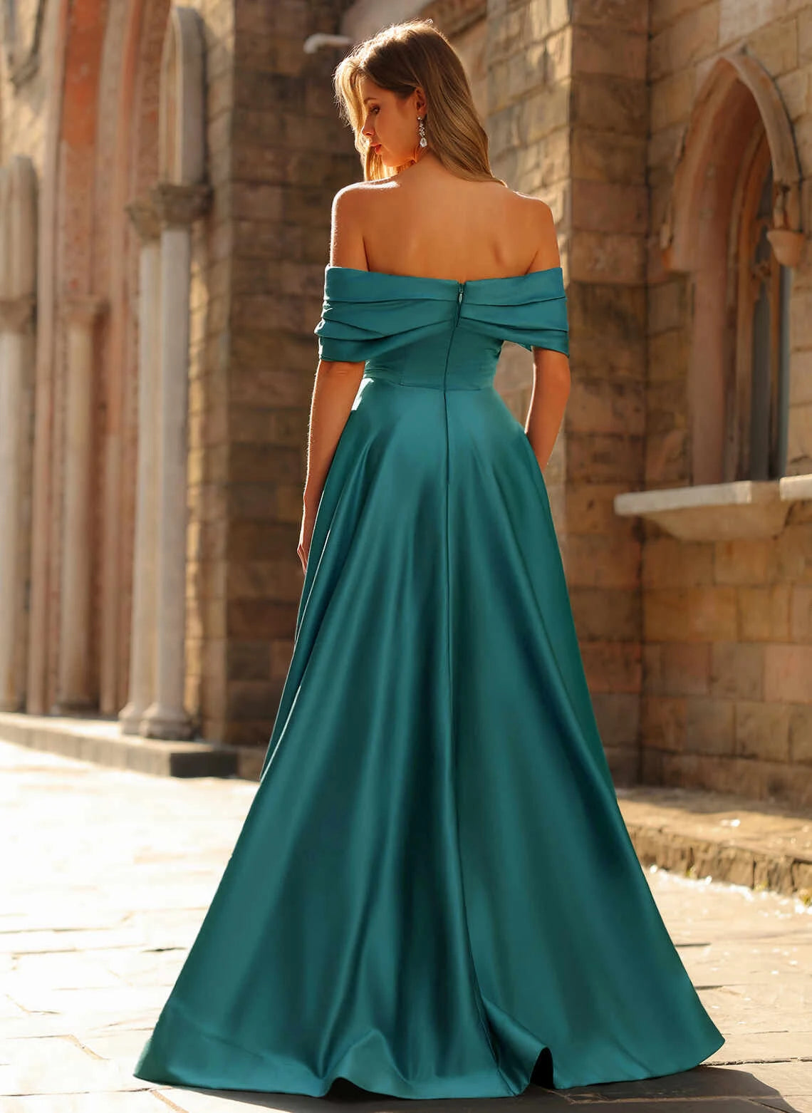 Elegant A-Line Off-Shoulder High Slit Teal Floor-Length Prom Gown