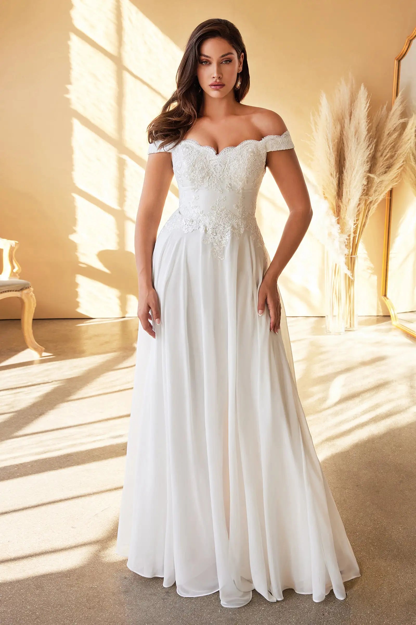 Elegant A-Line Off-Shoulder Lace Applique White Floor-Length Prom Dress for Women